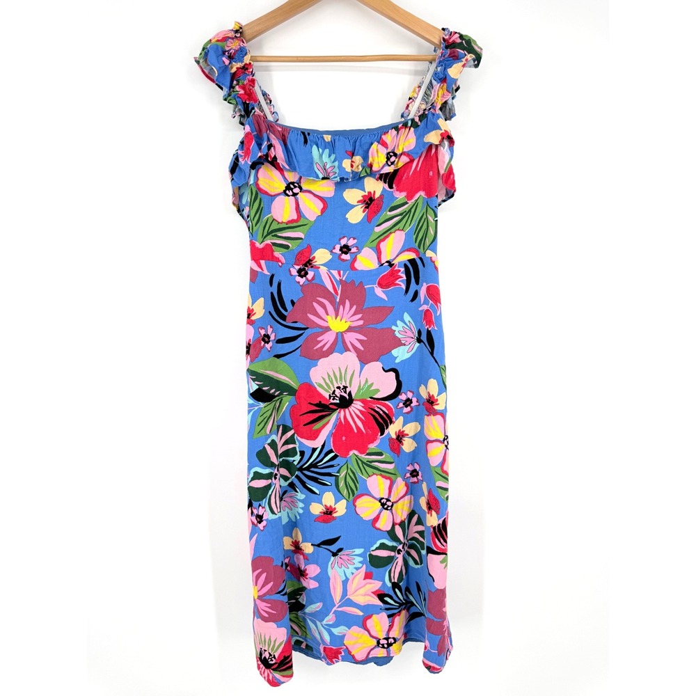Sugarlips Women Medium Dress Blue Floral Ruffle Square Neck Midi Tropical Resort